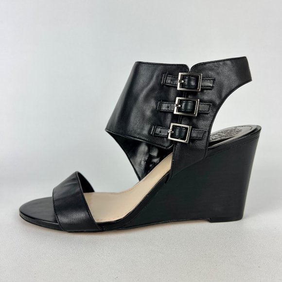 Vince Camuto Womens Lyssia Black Leather Sandals Open Toe Wedge Buckles size 9 - Picture 6 of 16